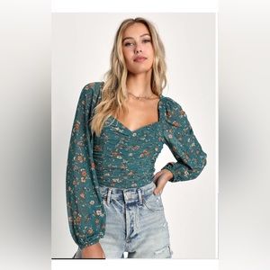 Lulus Blooming with Bliss Teal Floral Ruched Long Sleeve Bodysuit